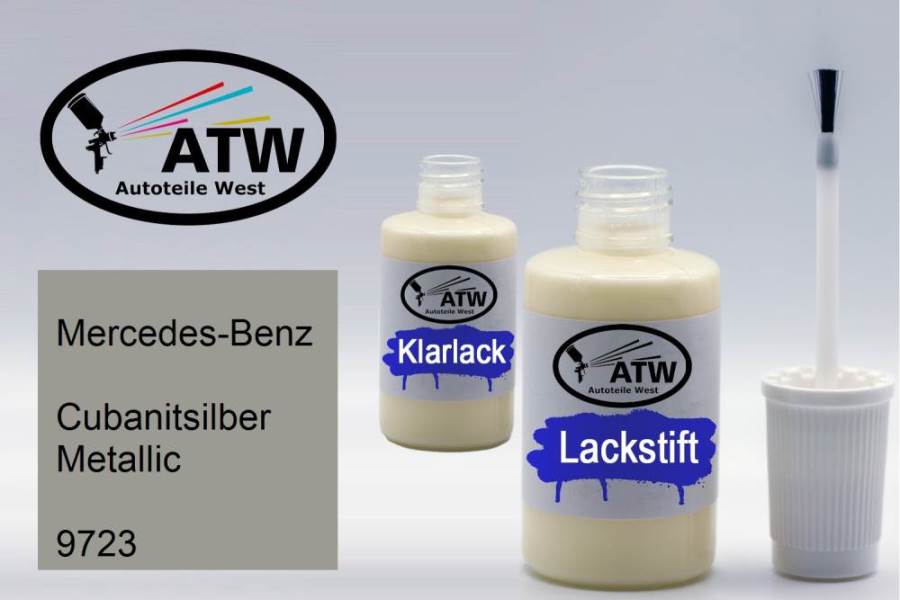 Mercedes-Benz, Cubanitsilber Metallic, 9723: 20ml Lackstift + 20ml Klarlack - Set, von ATW Autoteile West.